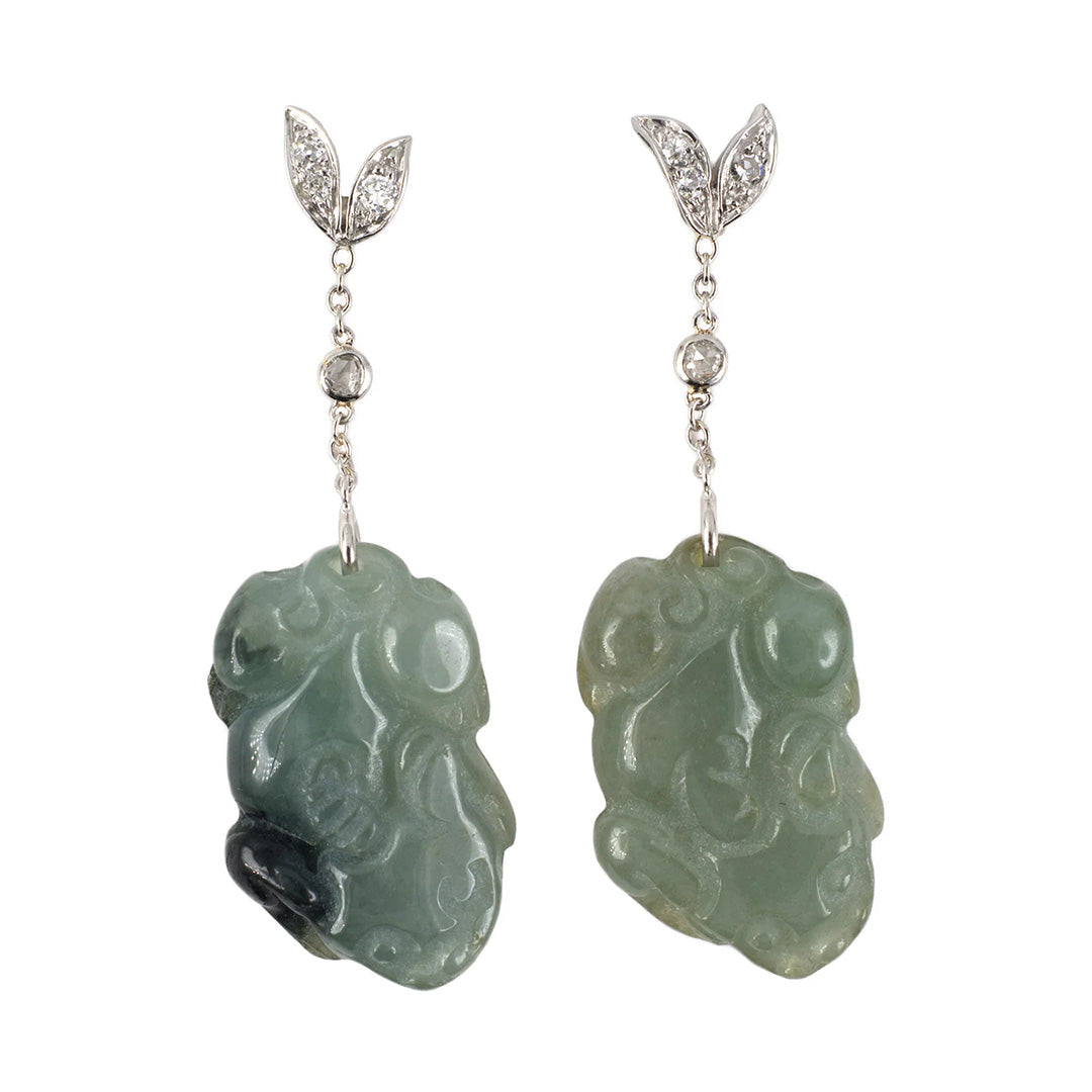 Green Jadeite Frog & Diamond Dangle Drop Earrings
