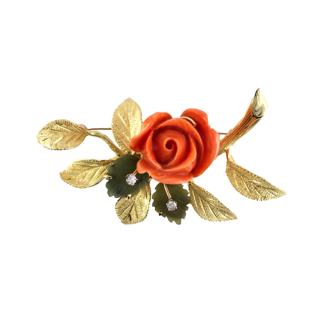 Cellino Coral & Green Jade Rose Flower Pin